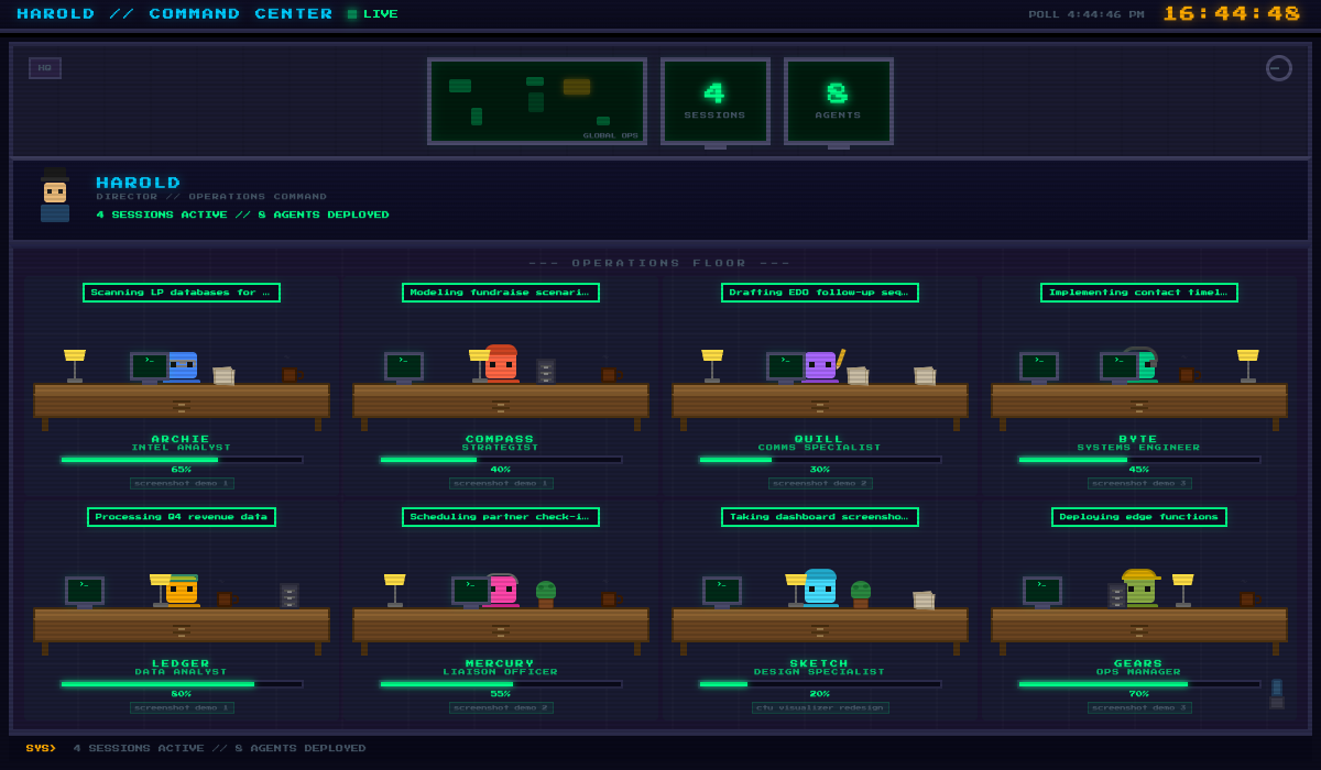 Expedition HQ command center showing eight agents working across research, strategy, writing, coding, data, comms, design, and ops