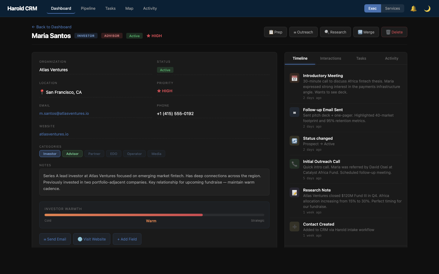 Harold CRM Contact Detail — full relationship timeline, warmth scoring, and editable fields